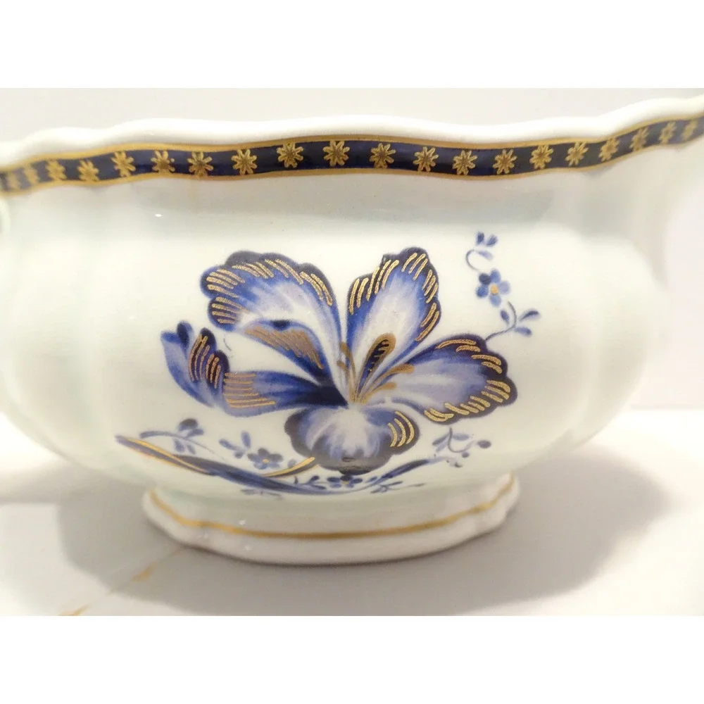 Rorstrand Sweden Gravy Boat Blue Floral Iris Gold Gilt Scalloped Porcelain